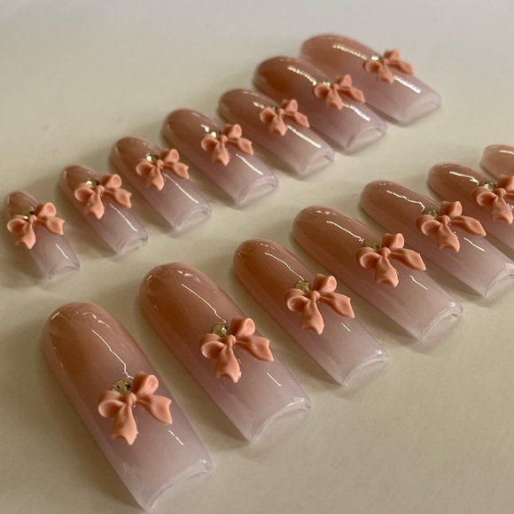 French Ombre Acrylic Nails with Nude Bows and Crystals - Picture 6 of 6